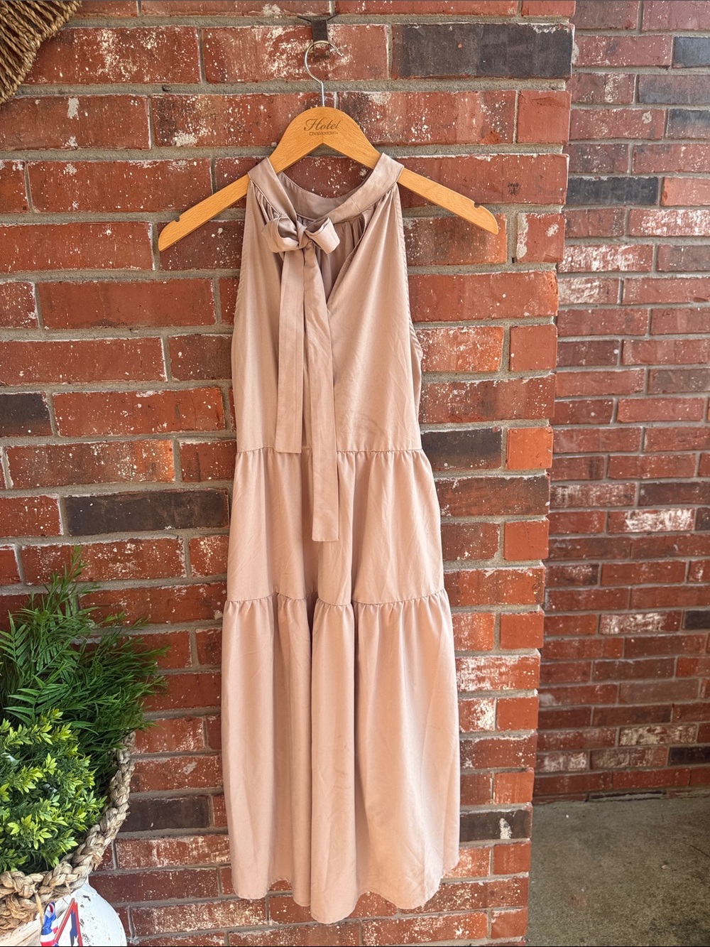 Sleeveless Tiered High-Neck Dress in Blush/Tan - Picture 3 of 5